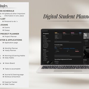 Pu&ograve; includere: Un'interfaccia di app di pianificazione per studenti digitale sullo schermo di un computer portatile. L'app &egrave; aperta in modalit&agrave; oscura con un elenco di cose da fare per il giorno, compiti ed esami in arrivo e un menu di navigazione. L'app &egrave; etichettata "Digital Student Planner" e il laptop &egrave; su una superficie beige.