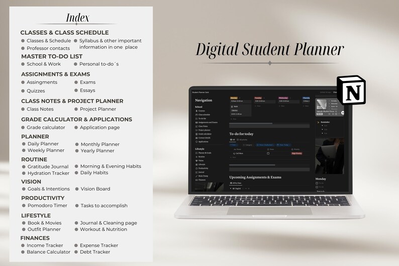 Pu&ograve; includere: Un'interfaccia di app di pianificazione per studenti digitale sullo schermo di un computer portatile. L'app &egrave; aperta in modalit&agrave; oscura con un elenco di cose da fare per il giorno, compiti ed esami in arrivo e un menu di navigazione. L'app &egrave; etichettata "Digital Student Planner" e il laptop &egrave; su una superficie beige.