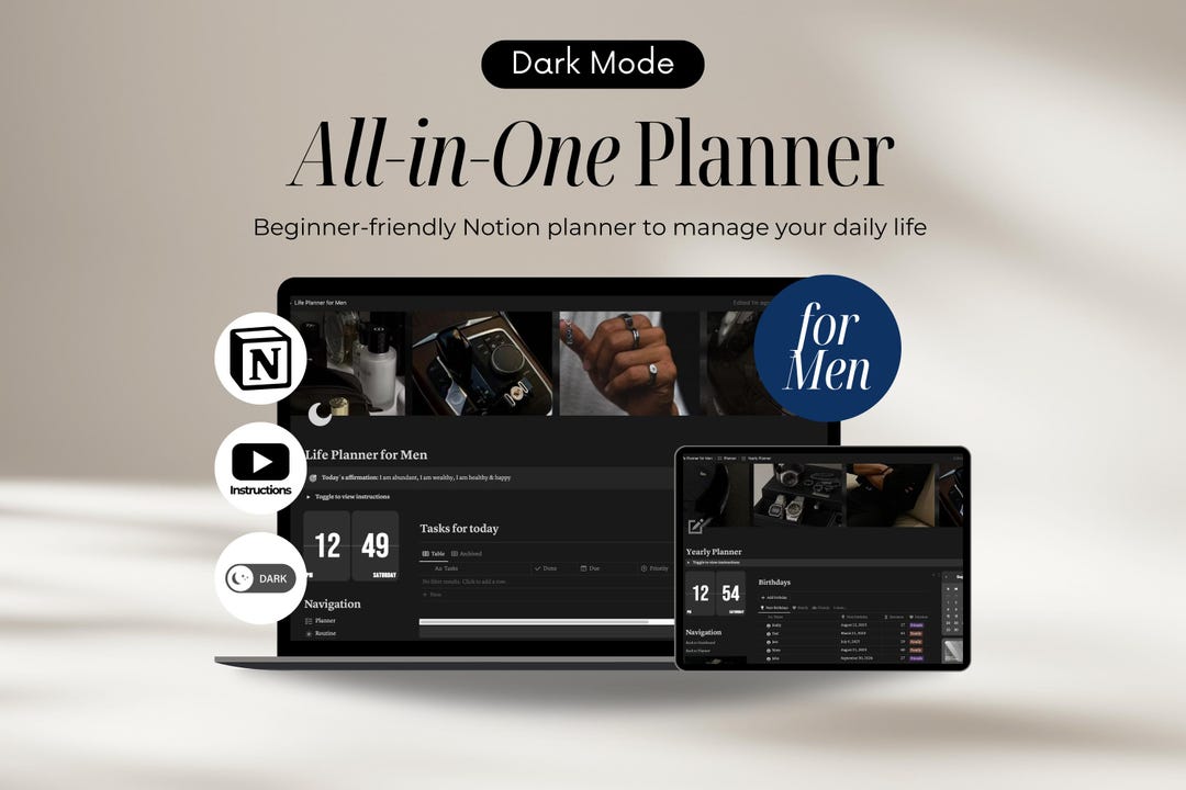 Notion Template for Men Notion Life Planner Dark Mode, All in One Notion Templates, Digital ...