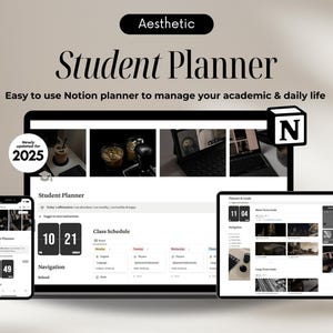 May include: A laptop computer screen displaying a Notion student planner template. The template features a class schedule, navigation buttons, and a calendar. The screen is surrounded by a black frame. The laptop is sitting on a white surface. The text on the screen reads "Student Planner" and "Class Schedule".