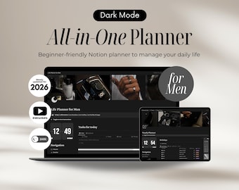 Notion Template for Men Notion Life Planner Dark Mode, All in One Notion templates, Digital Planner Notion template 2026 for productivity
