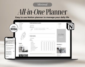 Minimal Notion Life Planner Template, All-In-One Notion Dashboard (Digital Download)