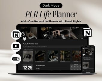 Dark Mode Notion Life Planner 2026, All-In-One PLR Template