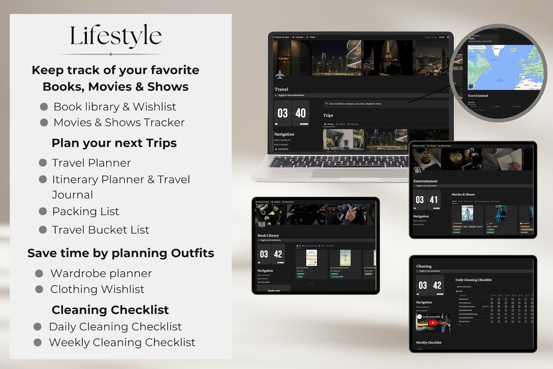 Notion Template for Men Notion Life Planner Dark Mode, All in One Notion Templates, Digital ...