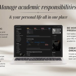 Pu&ograve; includere: Un computer portatile con uno schermo scuro che mostra una lista di cose da fare e un calendario. Il testo sullo schermo recita "To-do for today" e "Upcoming Assignments & Exams". Il laptop &egrave; su una superficie bianca con testo intorno che recita "Manage academic responsibilities & your personal life all in one place". Il testo recita anche "Improve well being", "Healthy lifestyle", "Be more productive" e "Create your dream life".