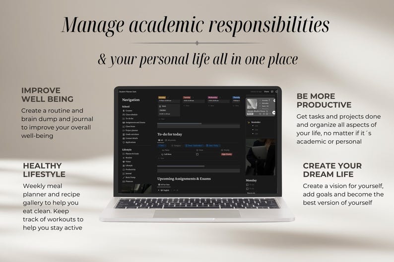 Pu&ograve; includere: Un computer portatile con uno schermo scuro che mostra una lista di cose da fare e un calendario. Il testo sullo schermo recita "To-do for today" e "Upcoming Assignments & Exams". Il laptop &egrave; su una superficie bianca con testo intorno che recita "Manage academic responsibilities & your personal life all in one place". Il testo recita anche "Improve well being", "Healthy lifestyle", "Be more productive" e "Create your dream life".