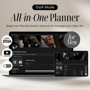 Notion Template for Men Notion Life Planner Dark Mode, All in One Notion templates, Digital Planner Notion Template 2026 for Productivity
