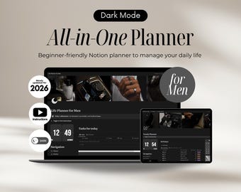 Notion Template for Men Notion Life Planner Dark Mode, All in One Notion templates, Digital Planner Notion Template 2026 for Productivity
