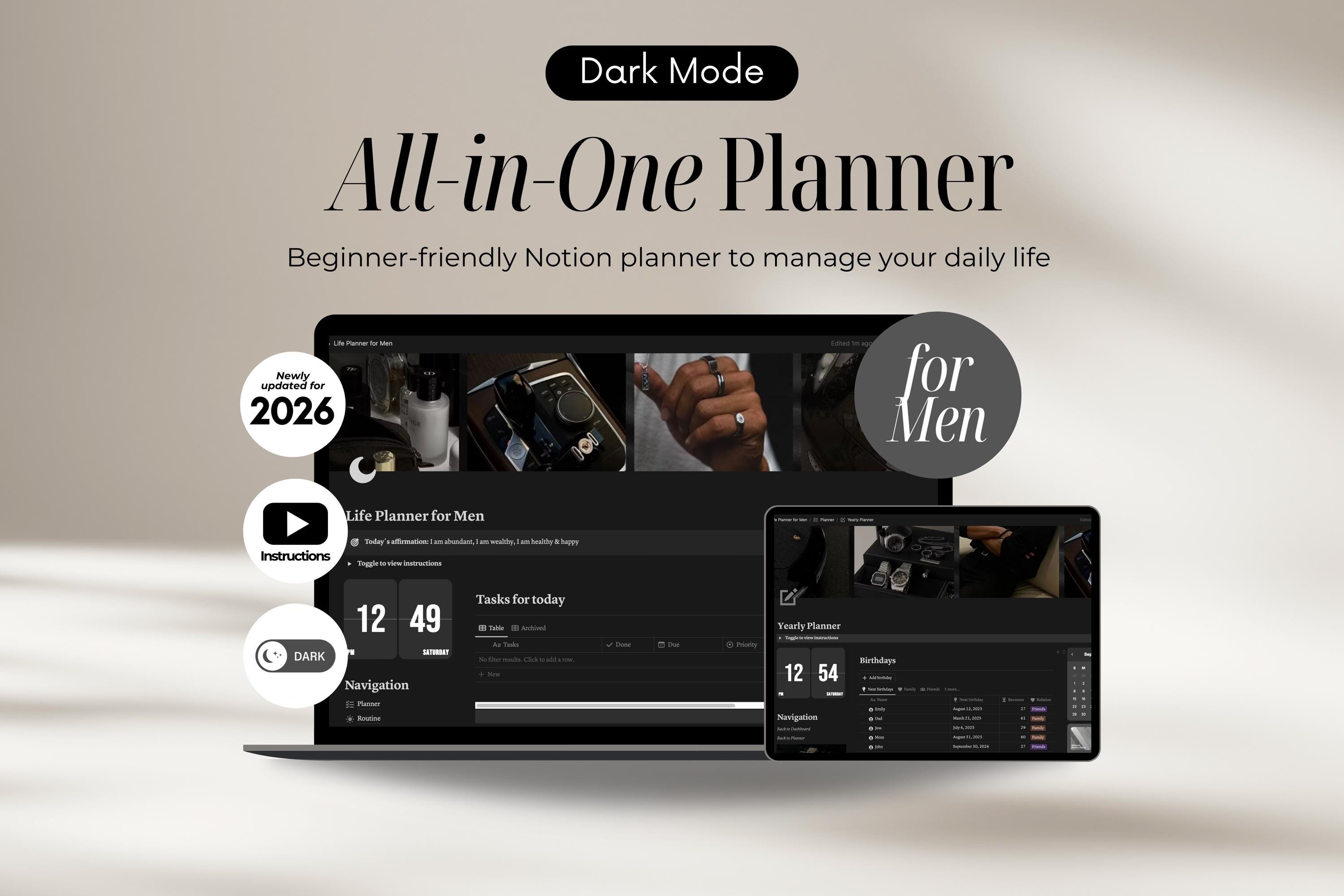 Notion Template for Men Notion Life Planner Dark Mode, All in One ...