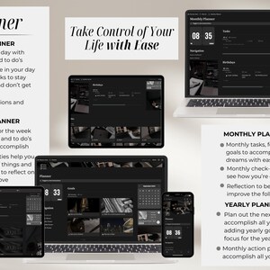 Pu&ograve; includere: Uno schermo di computer a tema scuro che mostra un planner digitale con sezioni per la pianificazione giornaliera, settimanale, mensile e annuale. Il testo "Prendi il controllo della tua vita con facilit&agrave;" &egrave; visualizzato nella parte superiore dello schermo.