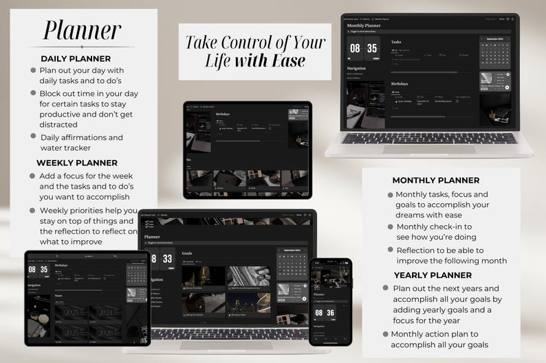 Pu&ograve; includere: Uno schermo di computer a tema scuro che mostra un planner digitale con sezioni per la pianificazione giornaliera, settimanale, mensile e annuale. Il testo "Prendi il controllo della tua vita con facilit&agrave;" &egrave; visualizzato nella parte superiore dello schermo.