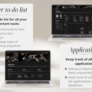 Pu&ograve; includere: Uno screenshot di un laptop e uno smartphone che mostrano un'app di lista di cose da fare. L'app ha un tema scuro e presenta un calendario, attivit&agrave; scolastiche e lavorative e attivit&agrave; personali. Il testo sullo schermo recita "Master to-do list" e "Applications".
