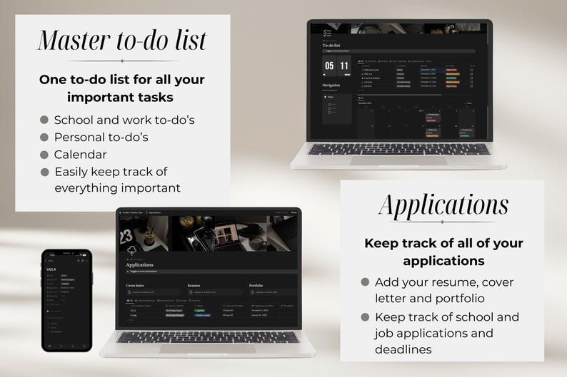 Pu&ograve; includere: Uno screenshot di un laptop e uno smartphone che mostrano un'app di lista di cose da fare. L'app ha un tema scuro e presenta un calendario, attivit&agrave; scolastiche e lavorative e attivit&agrave; personali. Il testo sullo schermo recita "Master to-do list" e "Applications".