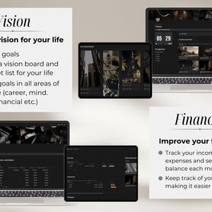 Pu&ograve; includere: Uno schermo di laptop che mostra un'app a tema scuro con il testo "Vision" e "Crea una visione per la tua vita". L'app ha un elenco di punti elenco con istruzioni su come creare una vision board e una bucket list. Il laptop &egrave; su una superficie bianca.
