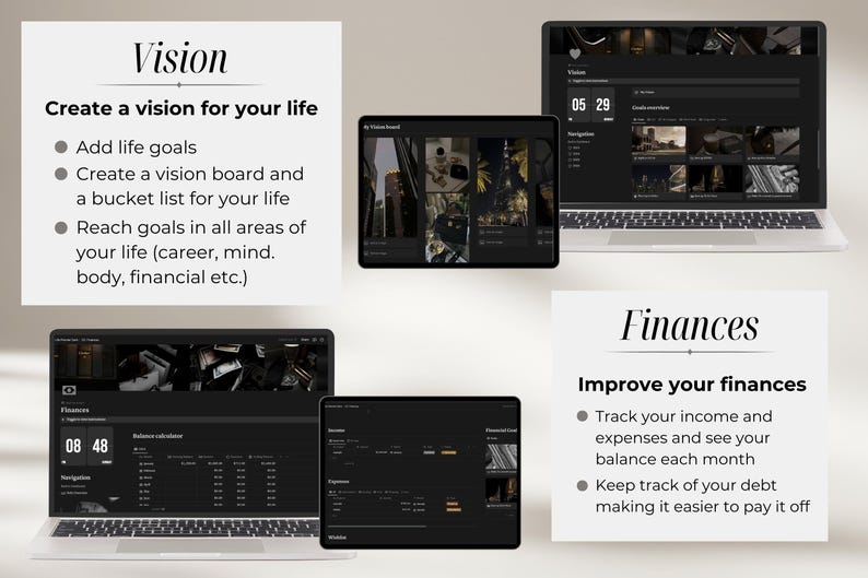 Pu&ograve; includere: Uno schermo di laptop che mostra un'app a tema scuro con il testo "Vision" e "Crea una visione per la tua vita". L'app ha un elenco di punti elenco con istruzioni su come creare una vision board e una bucket list. Il laptop &egrave; su una superficie bianca.