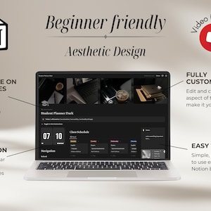 Pu&ograve; includere: Uno schermo di laptop che mostra un planner Notion a tema scuro con il testo "Student Planner Dark" e un programma di lezioni. Il planner &egrave; accessibile su tutti i dispositivi e presenta una navigazione facile con accesso alla barra laterale e alla barra superiore. Il planner &egrave; completamente personalizzabile e facile da usare, soprattutto per i principianti di Notion.