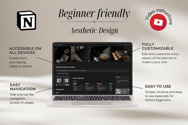 Pu&ograve; includere: Uno schermo di laptop che mostra un planner Notion a tema scuro con il testo "Student Planner Dark" e un programma di lezioni. Il planner &egrave; accessibile su tutti i dispositivi e presenta una navigazione facile con accesso alla barra laterale e alla barra superiore. Il planner &egrave; completamente personalizzabile e facile da usare, soprattutto per i principianti di Notion.