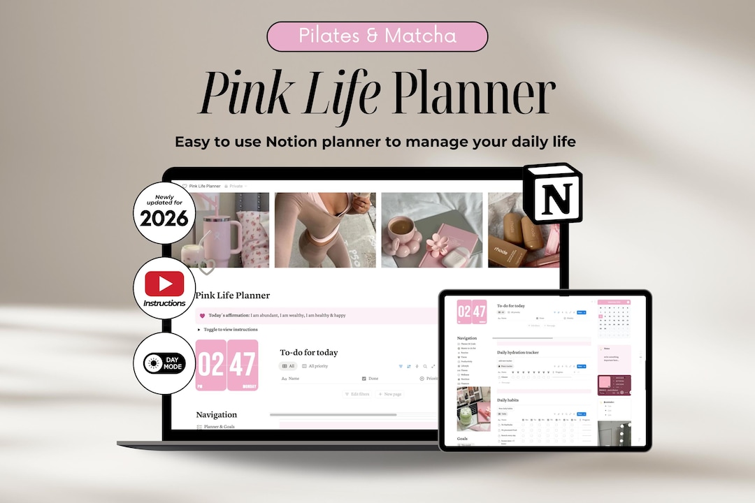 2026 Pink That Girl Notion Life Planner Template - Etsy