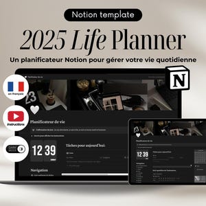 Könnte beinhalten: Eine Notion-Vorlage im Dunkelmodus für einen Lebens-Planer 2025. Die Vorlage enthält einen Kalender, eine To-Do-Liste und eine Uhr. Der Text auf dem Bildschirm lautet "Planificateur de vie" und "Täches pour aujourd'hui".