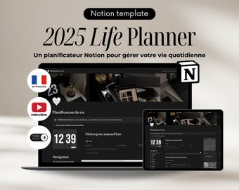 Plantilla Notion 2025 Life Planner en francés Notion Planner modo oscuro, All in One Digital Planner, Notion en francés, Planificador Notion en francés