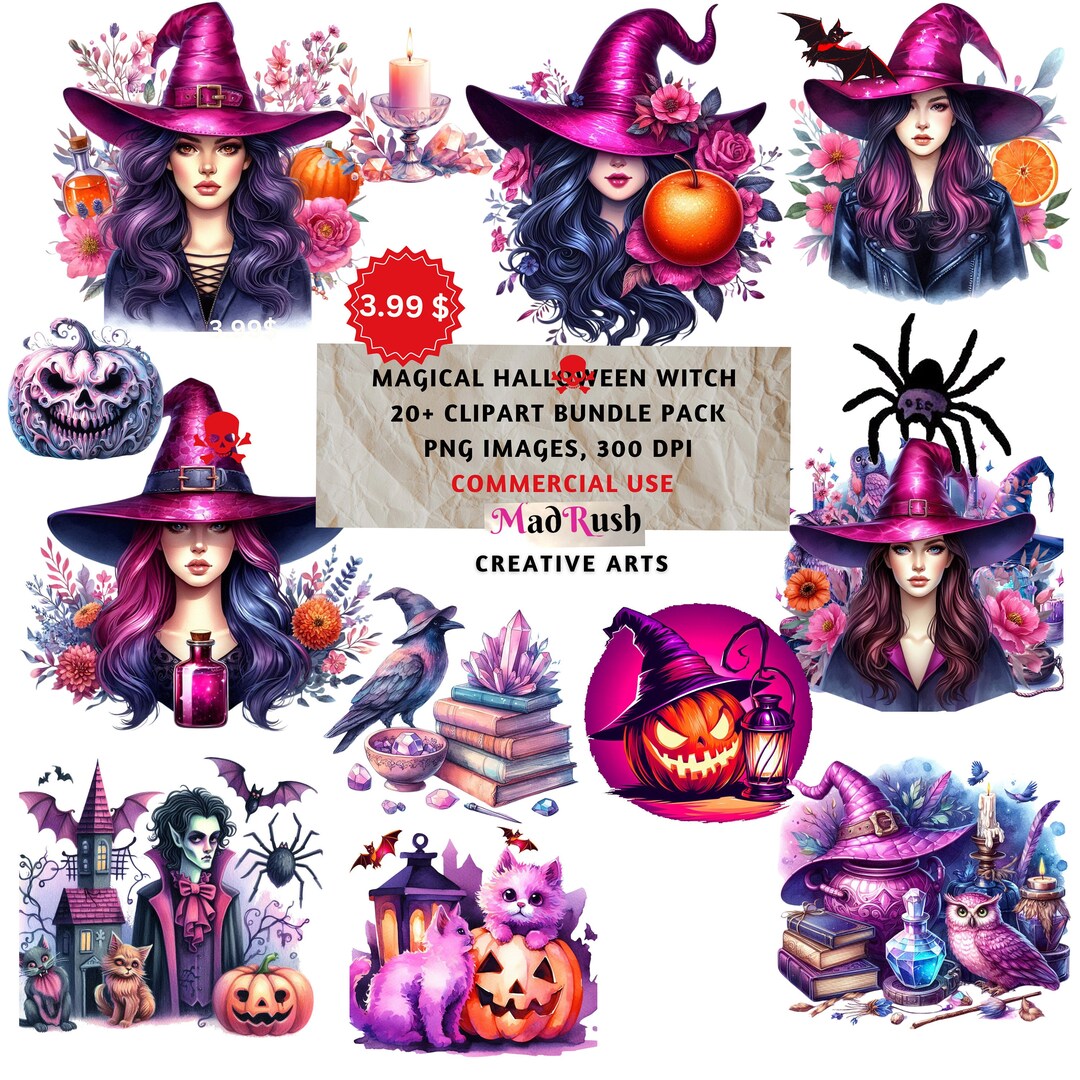 Watercolor Halloween Magical Witch Clipart Pack Bundle of 20 - Etsy