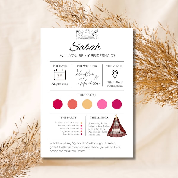 Editable Indian Bridesmaid Proposal Card| Bachelorette Bridesmaid Card| Customisable Proposal Card| Instant Download