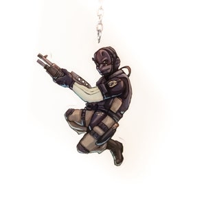 Puede incluir: Ilustración de una figura con equipo táctico, en el aire con un arma. La figura está vestida con colores oscuros con una cara enmascarada, lo que sugiere un tema militar o de operaciones especiales. La obra de arte es detallada, con sombreado y reflejos.