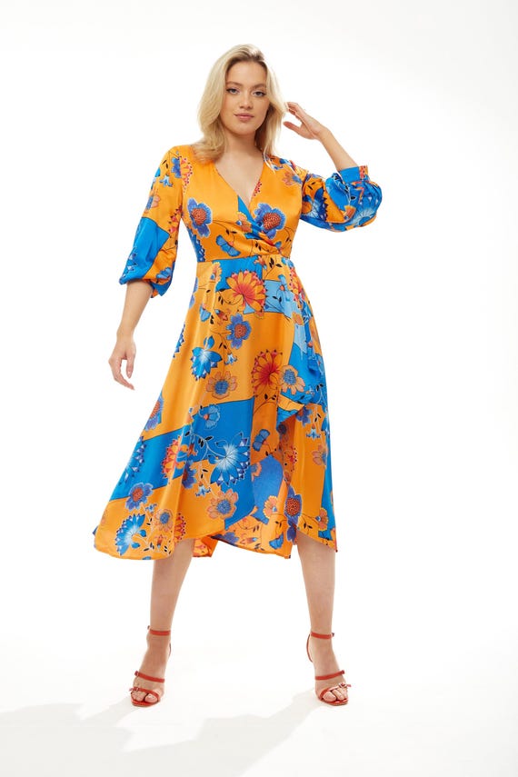 knee length dresses for ladies Orange And Blue Floral Puff Sleeve Dress – Ro&Zo main image 1