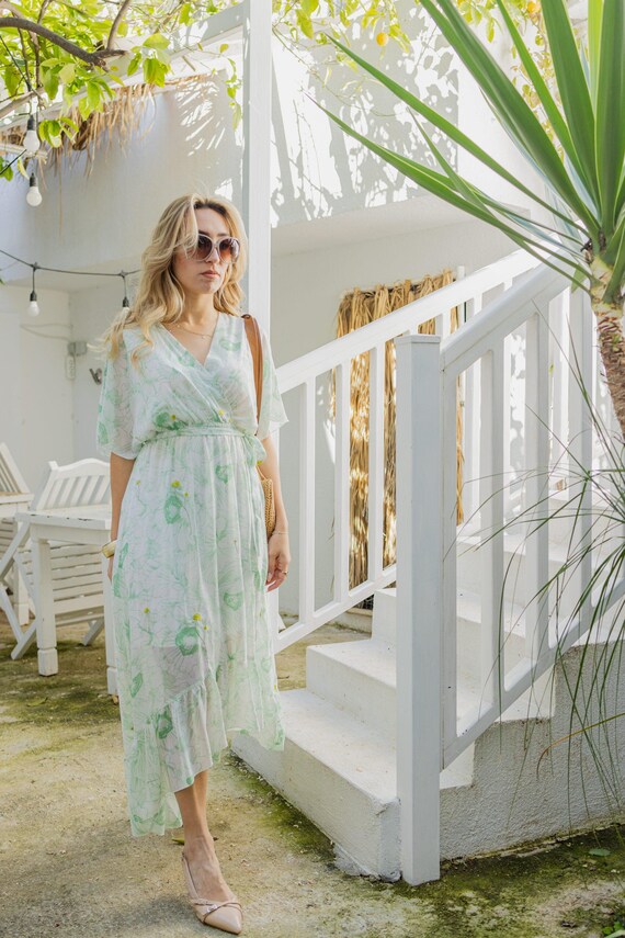 green emerald velvet dress Flutter Sleeve Floral Print Embroidered Wrap Maxi Dress in Blush Multi main image 1