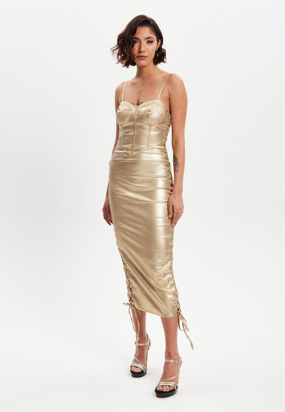 gold foil bodycon dress Women's Midi with Corset Style, Metallic Lycra, Eyelet Details, Fit Mini gold