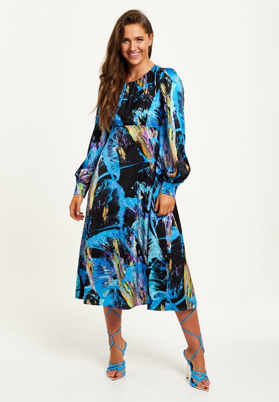 liquorish a line lace detail midi dress in floral print Women's Multicolour Abstract With Long Sleeves and Tie Waist - flattering dress features a Colour:OLIVE prom dresses with split The line by k