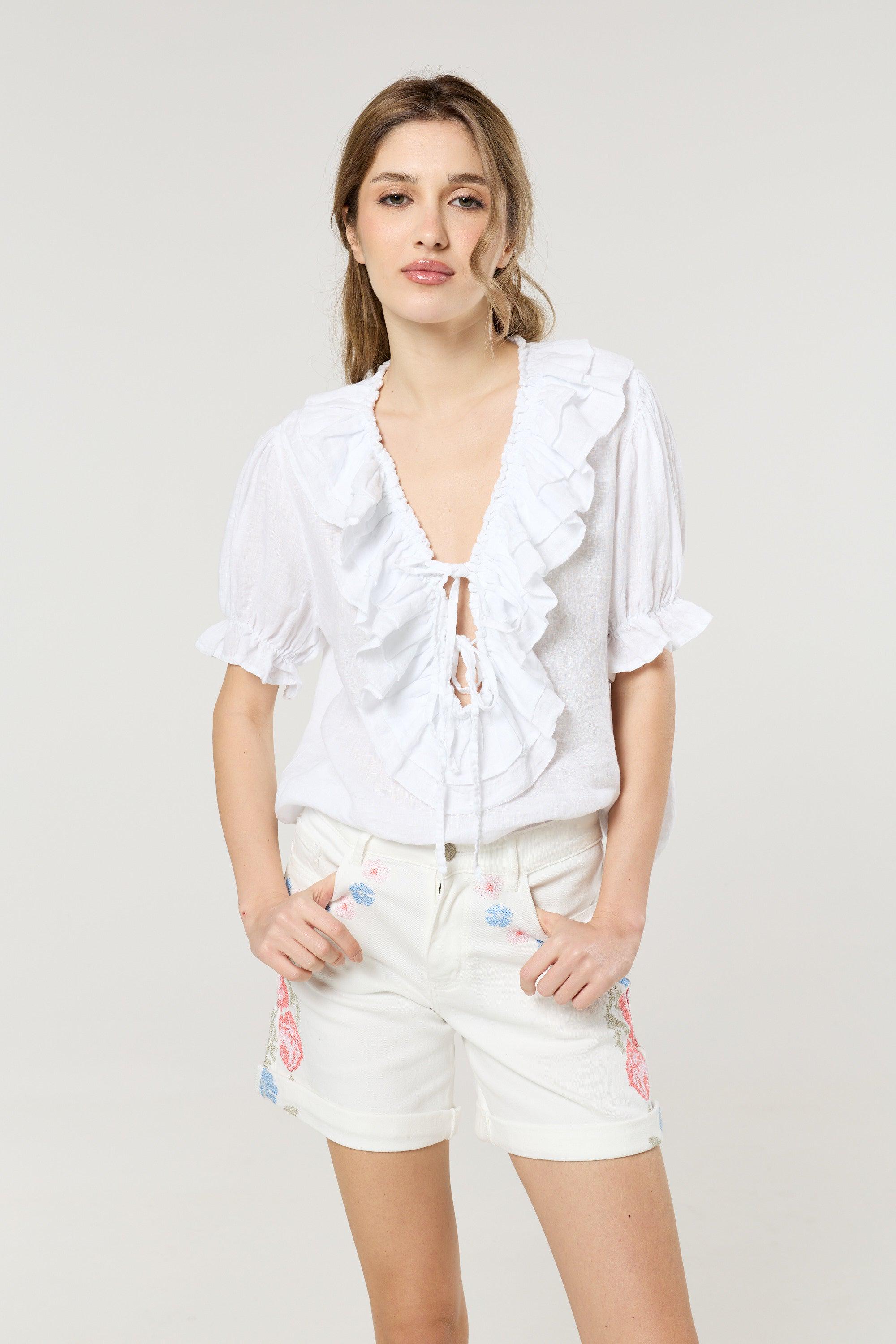 White Ruffle Tie Front Linen Blouse