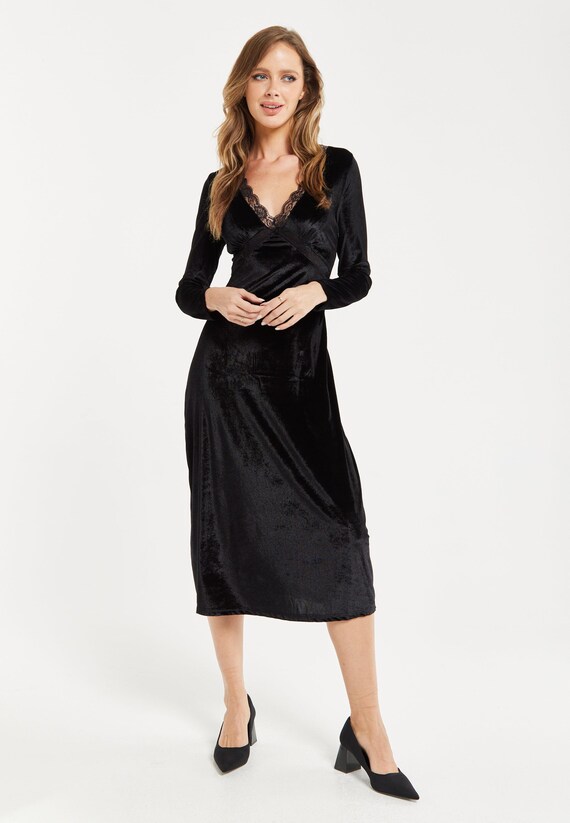Women's Midi Dress in Black Velvet with Long Sleeves - Elegant Lace Details by Liquorish Women's Midi Dress in Black Velvet with Long Sleeves - Elegant Lace Details by Liquorish