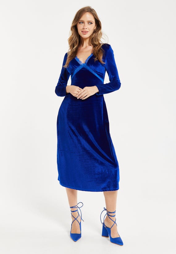 Women's Midi Dress in Royal Blue Velvet with Long Sleeves - Liquorish
