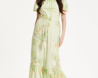 Green Floral Off Shoulder Maxi Dress