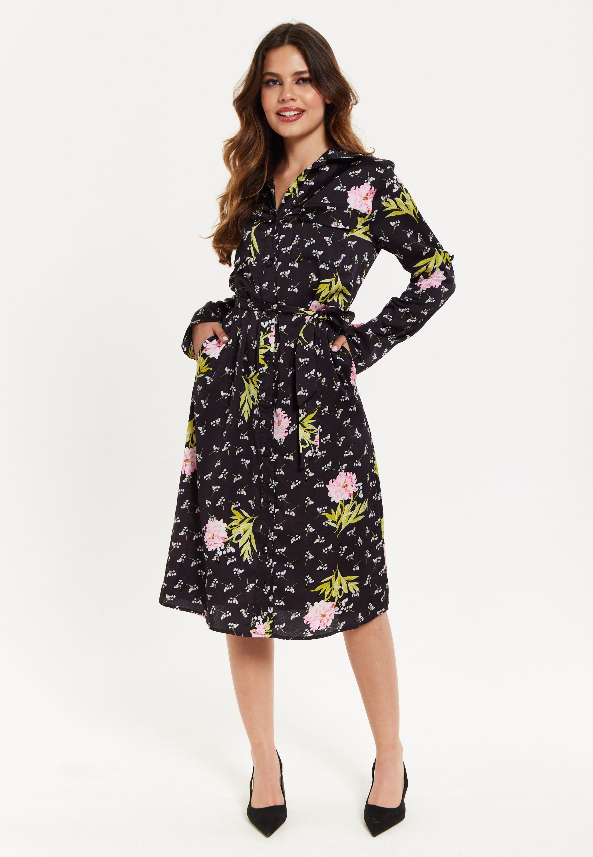 Women's Midi Dress With Floral Print, Black Color, Collar, Long