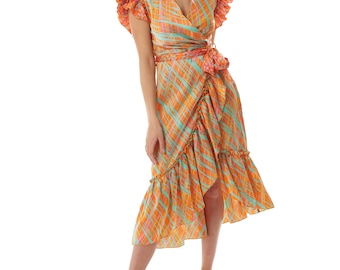 Women's Midi Wrap Dress in Orange Scribble Print with Frill Short Sleeves and Tie Waist - Elegant Wedding Style by Liquorish