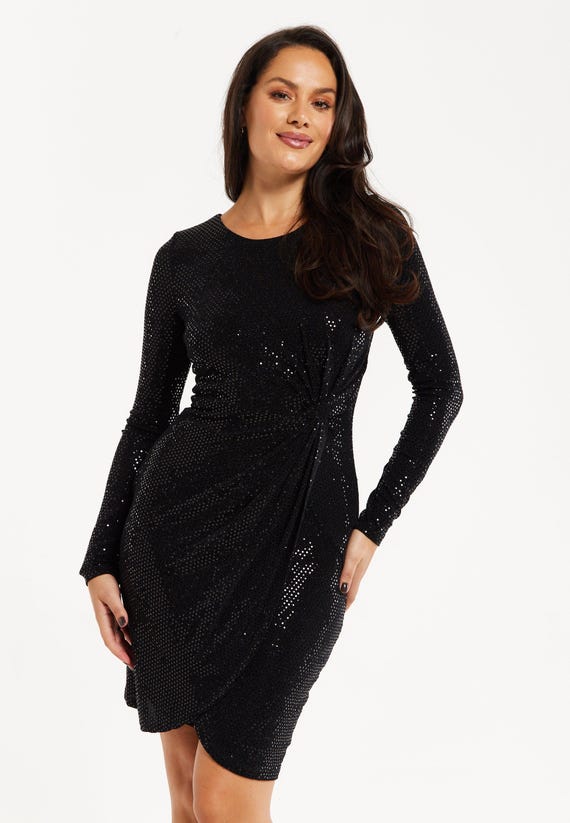Women's Mini Dress, Black Ruched Sequin Dress With Long Sleeves, Elegant All-over Sequin Finish, Knee-length Design