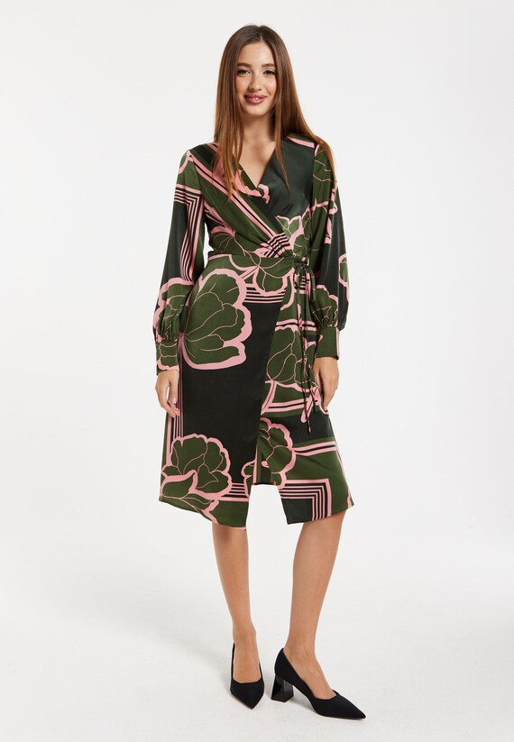 midi dresses with 3 4 sleeves Black MIDI DRESS – ELEGANT 3/4 SLEEVE A-LINE DRESS WITH ASYMMETRICAL RUFFLE HEM & TIE WAIST Black / 14