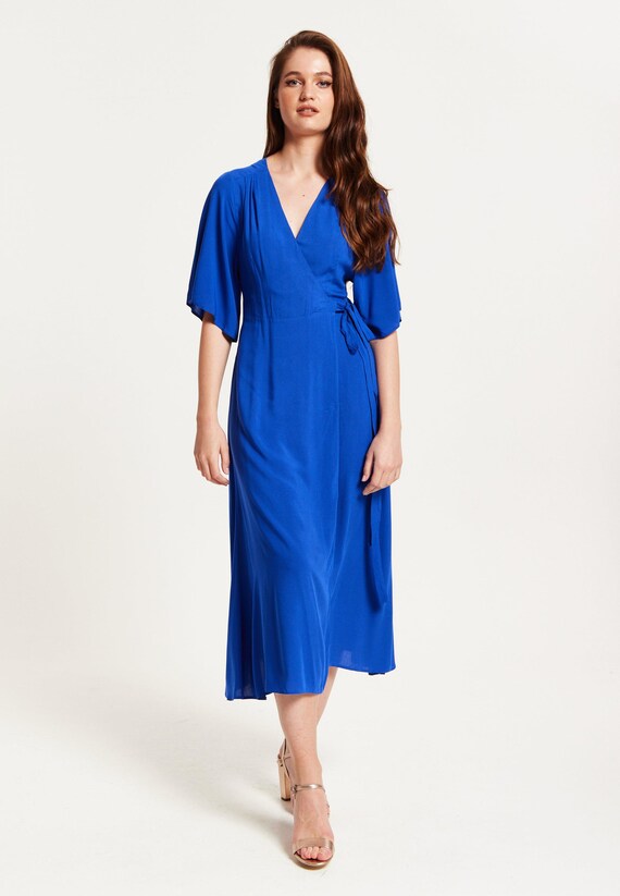 Women's Midi Wrap Dress in Royal Blue With Kimono Sleeves and Matching Tie Waist - Liquorish