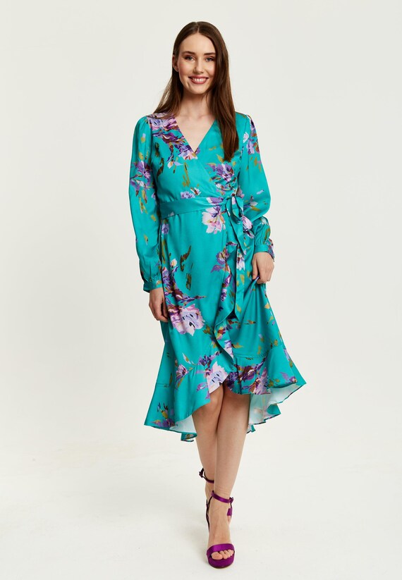 liquorish midi wrap dress Women's Midi Wrap Dress in Dark Green With Long Sleeves and Geometric Floral Print by Liquorish