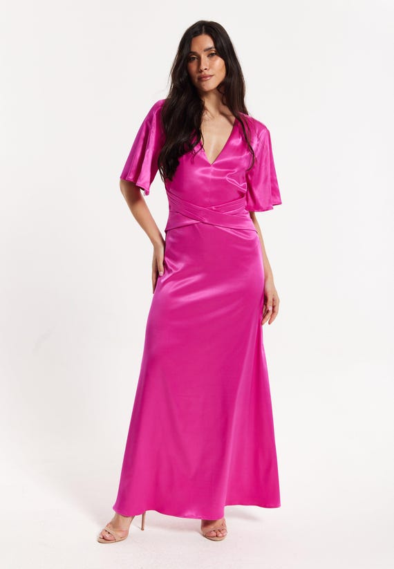 open lace back dress Hot Pink Short Sleeve Belted Wrap Midi Dress – AX Paris main image 0