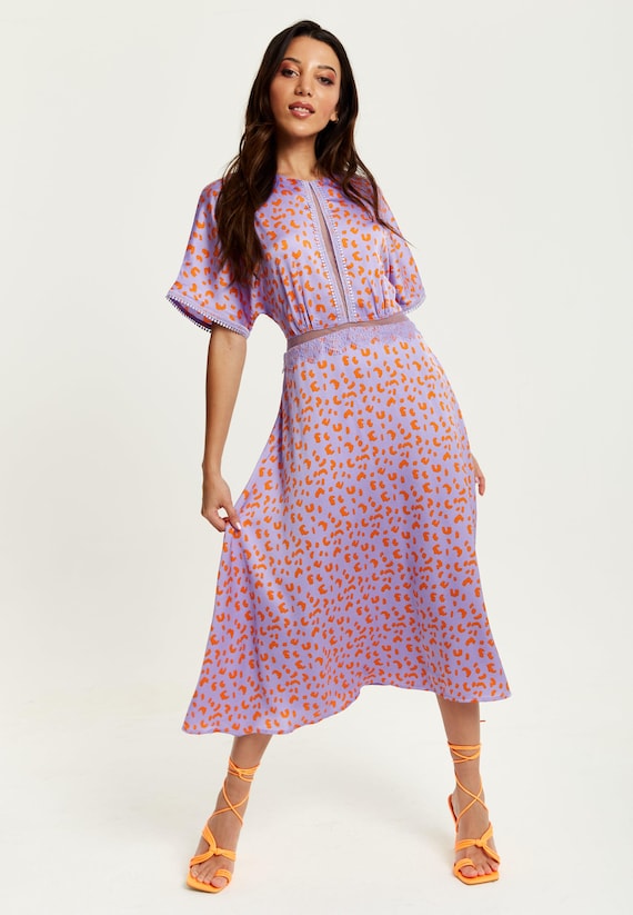 Women's Midi Dress in Lilac and Orange with Mesh Detailing, Cheetah Print, Short Sleeves - Liquorish