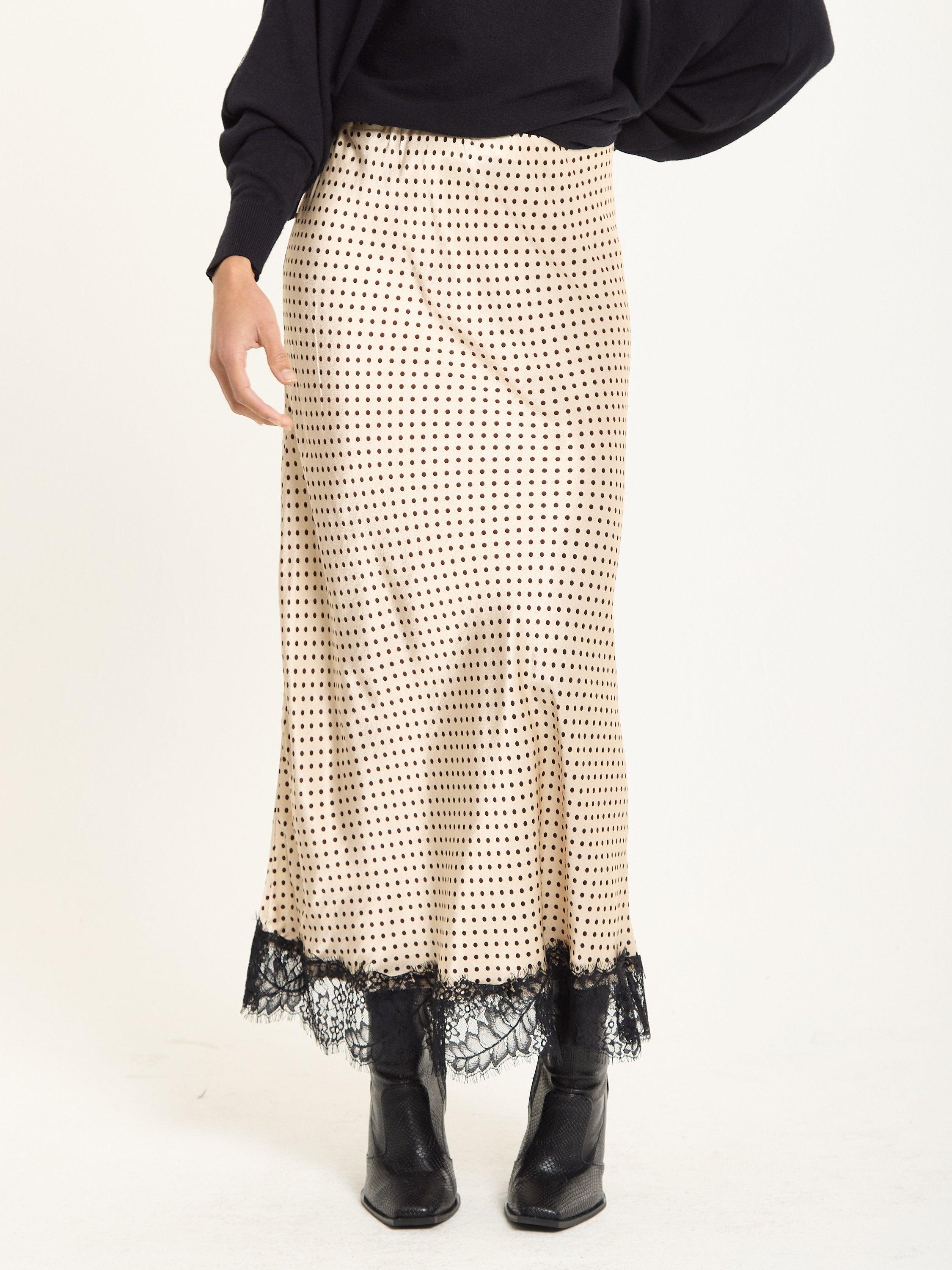 Beige Polka Dot Skirt with Black Lace Trim