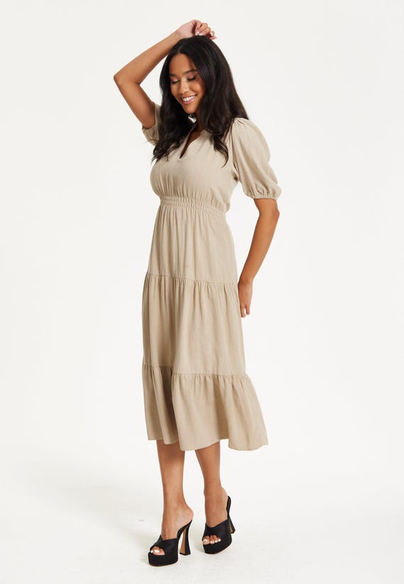 beige tiered midi dress böhme Amanda Tiered Dress in Tan/White Size XS, Non Stretch Material main image 1