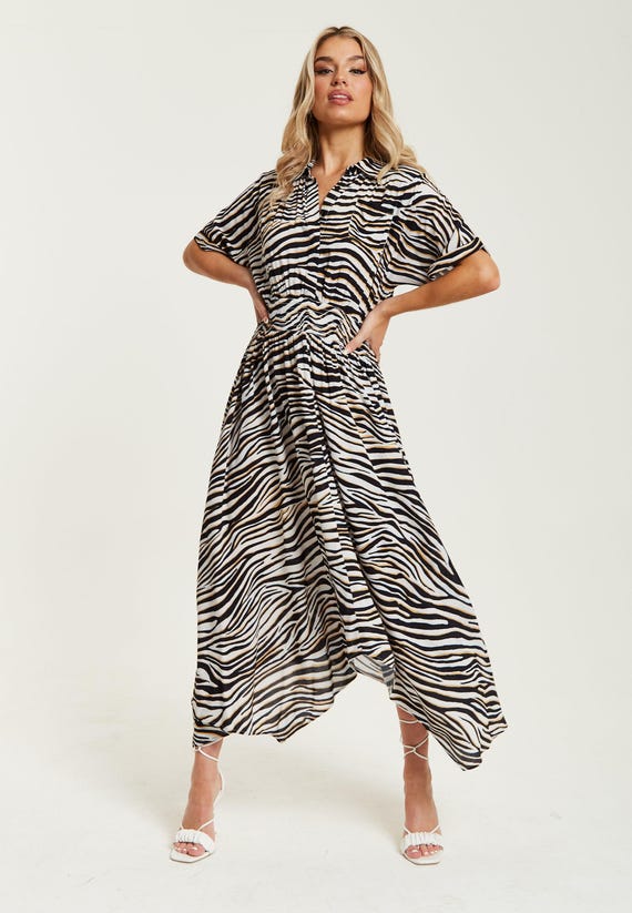 Women's Midi Dress in Brown Zebra Print with Short Sleeves and Asymmetric Hem - Liquorish