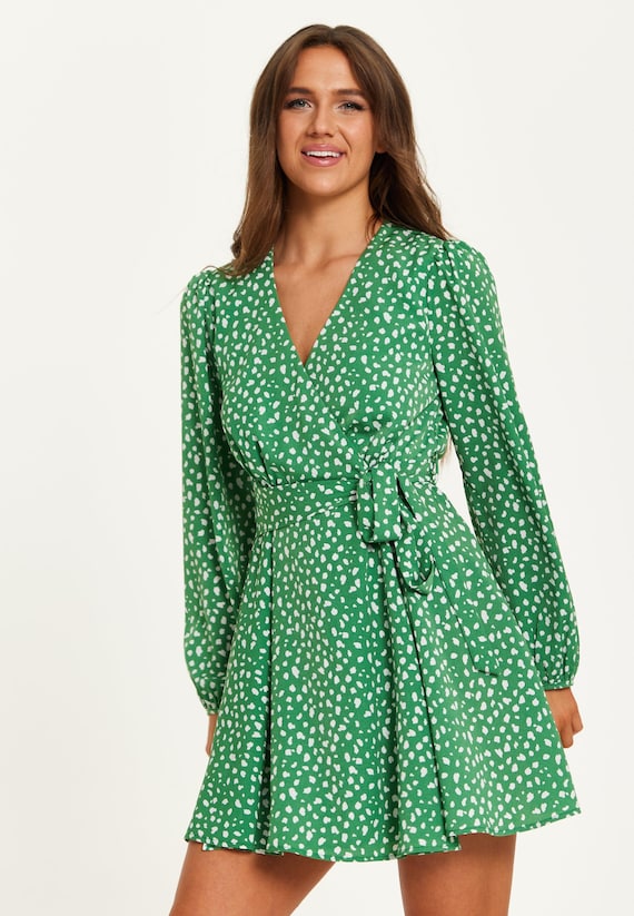 Women's Mini Dress in Green with Long Sleeves, Animal Print Wrap Style - Chic and Flattering by Liquorish Women's Mini Dress in Green with Long Sleeves, Animal Print Wrap Style - Chic and Flattering by Liquorish