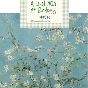 May include: A-Level AQA A* Biology Notes, with a light green gingham border, over a painting of a flowering tree with white blossoms and a blue background. The text includes the Instagram handle @laamsrevisioncorner.