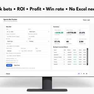 Può includere: Un monitor di computer mostra un'applicazione di monitoraggio delle scommesse sportive. L'interfaccia mostra campi dati per nuove scommesse, riepiloghi di profitti e percentuali di vincita e grafici. Il testo in alto recita "Track bets • ROI • Profit • Win rate • No Excel needed."