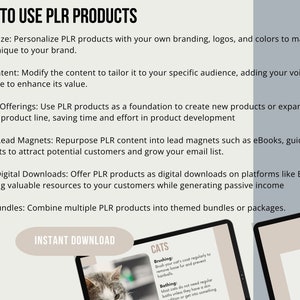 May include: Image with text "HOW TO USE PLR PRODUCTS" and bullet points on how to customize, edit, expand, create lead magnets, sell as digital downloads, and offer bundles. Includes a screen with the word "CATS" and a cat image.